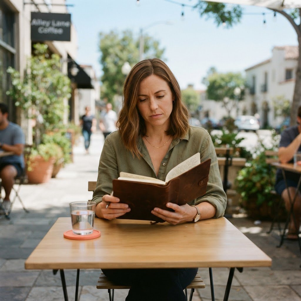 A person reviewing real estate documents at a quiet cafe patio