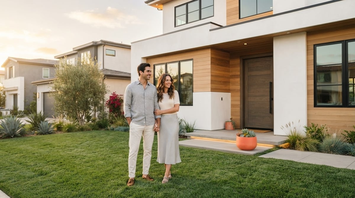 A young couple standing confidently in front of a new suburban home