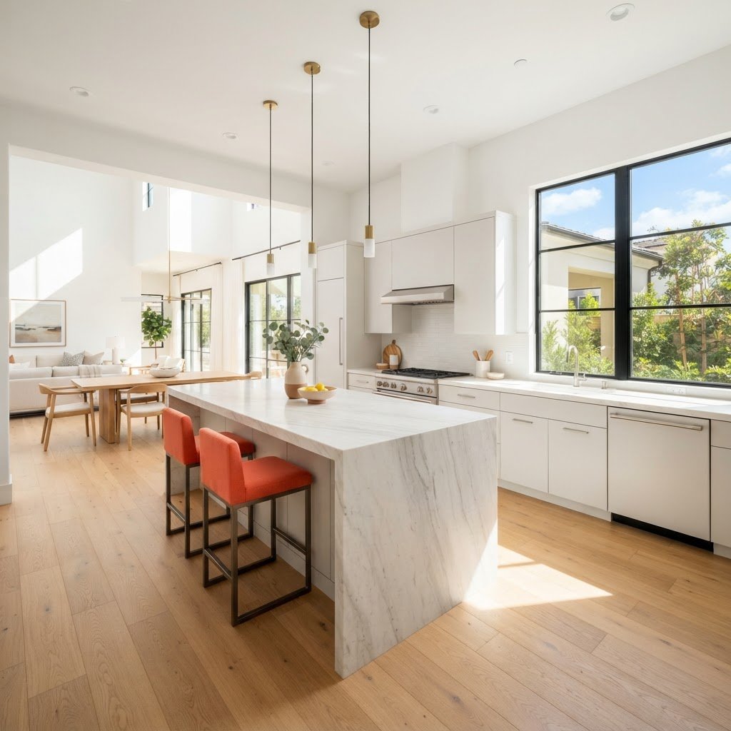 Bright and modern open concept kitchen with a clean aesthetic