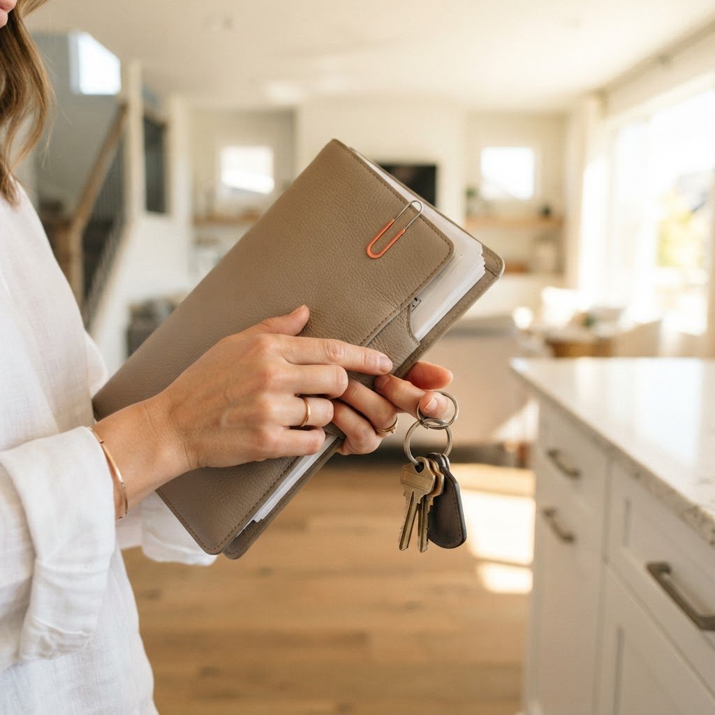 Hands holding house keys and a professional document folder