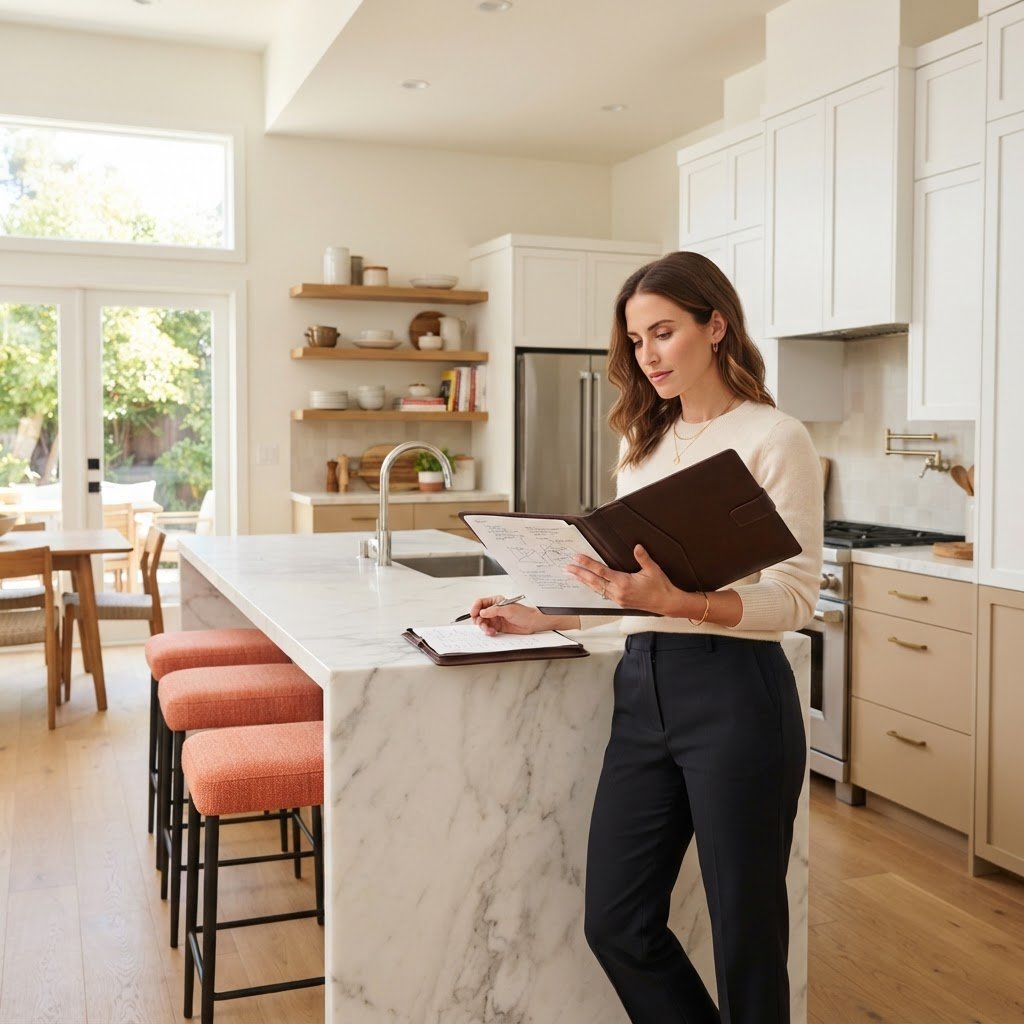 A homebuyer calmly reviewing documents in a model home kitchen