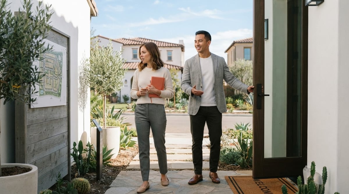 A young couple assessing a new construction community