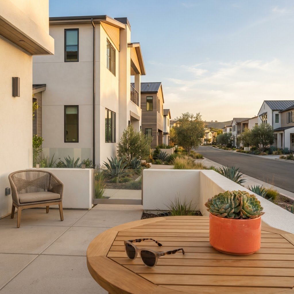 Sunlit exterior of a modern Southern California new build home