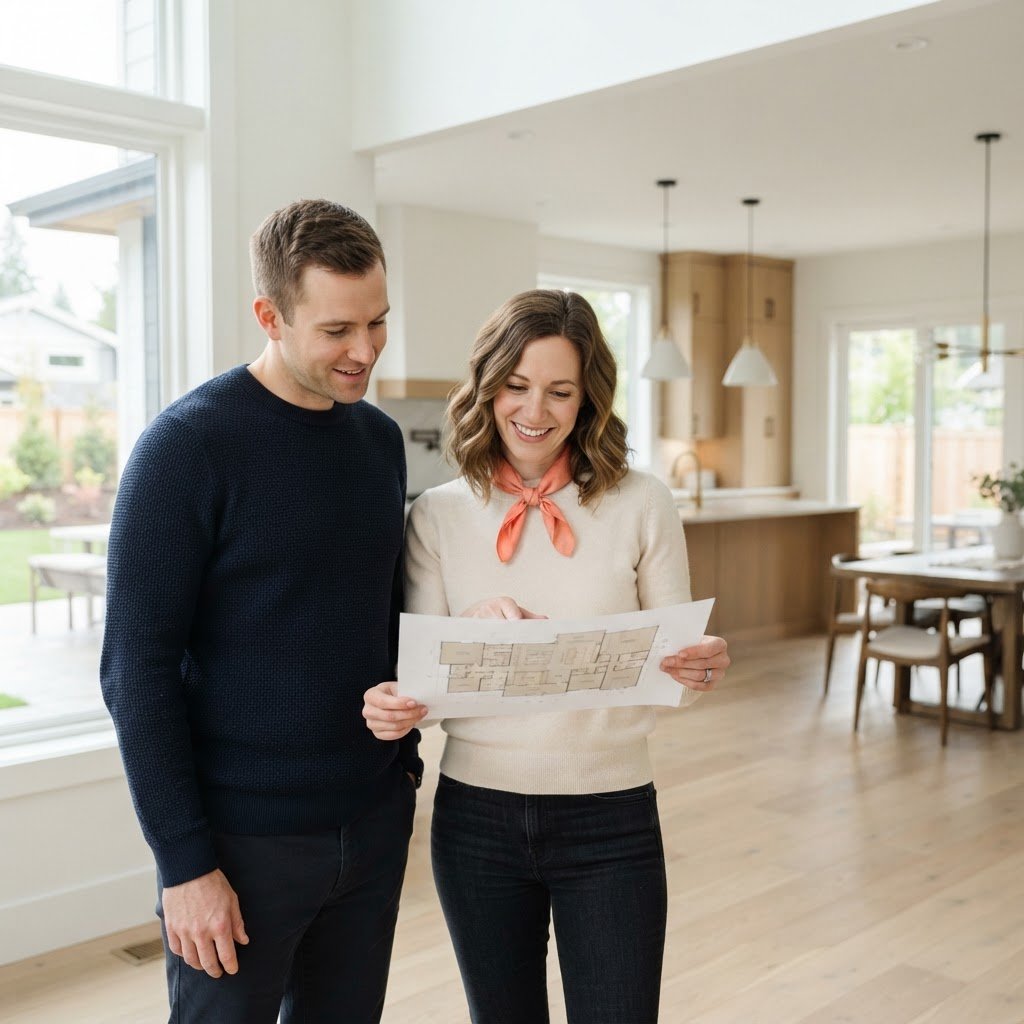 A couple reviewing floor plans in a new home