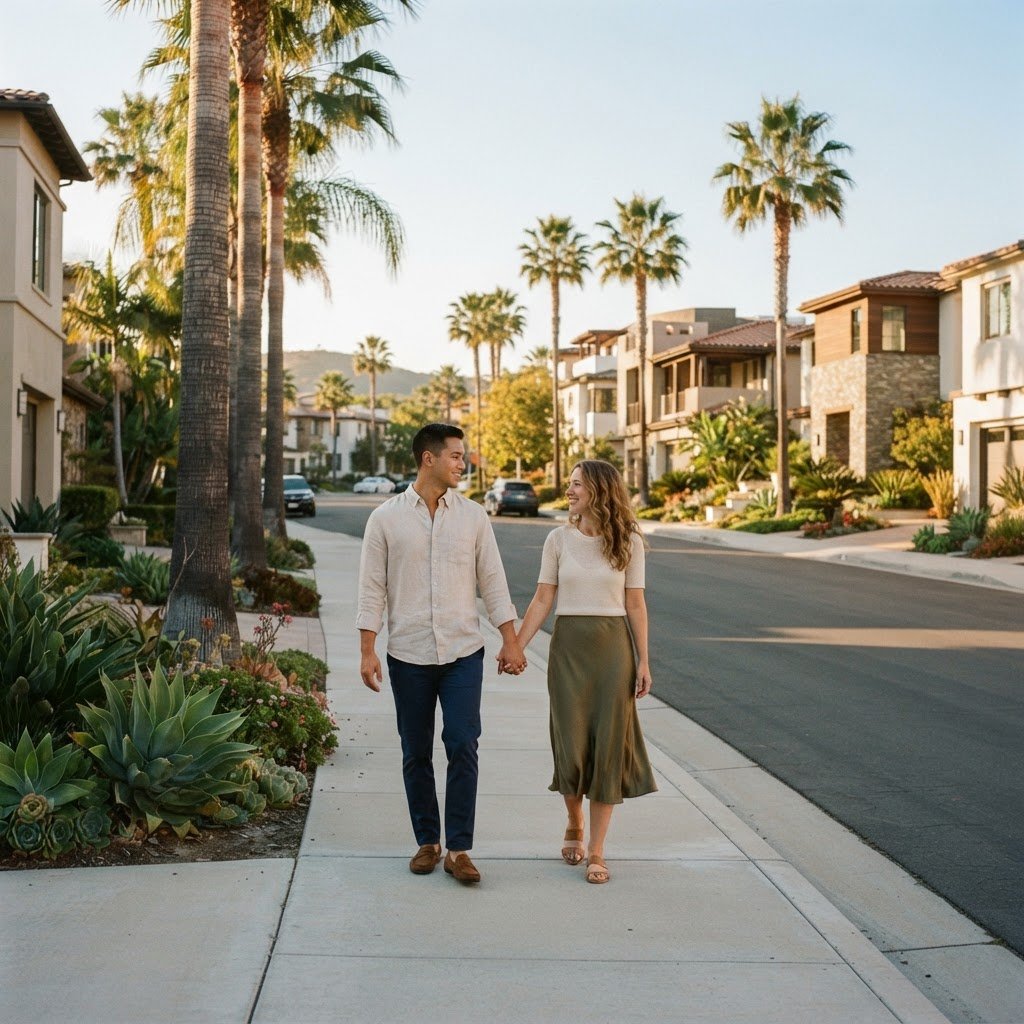 A couple walking down a sunny residential street