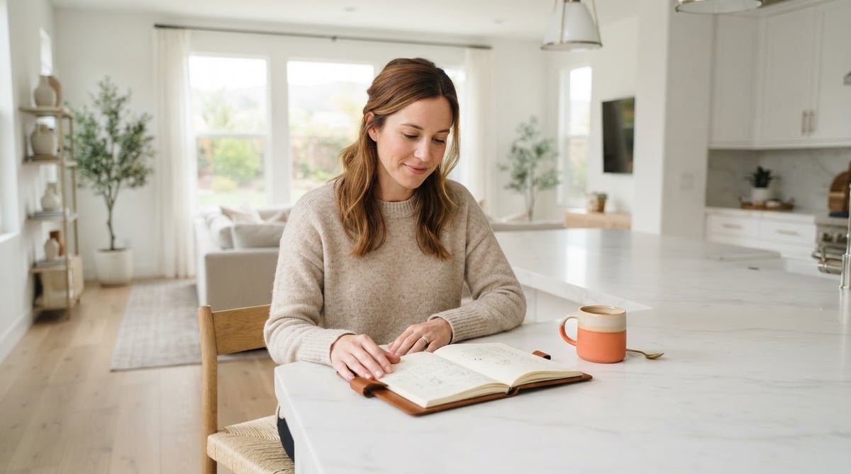 A woman reviewing home ownership costs at a kitchen island