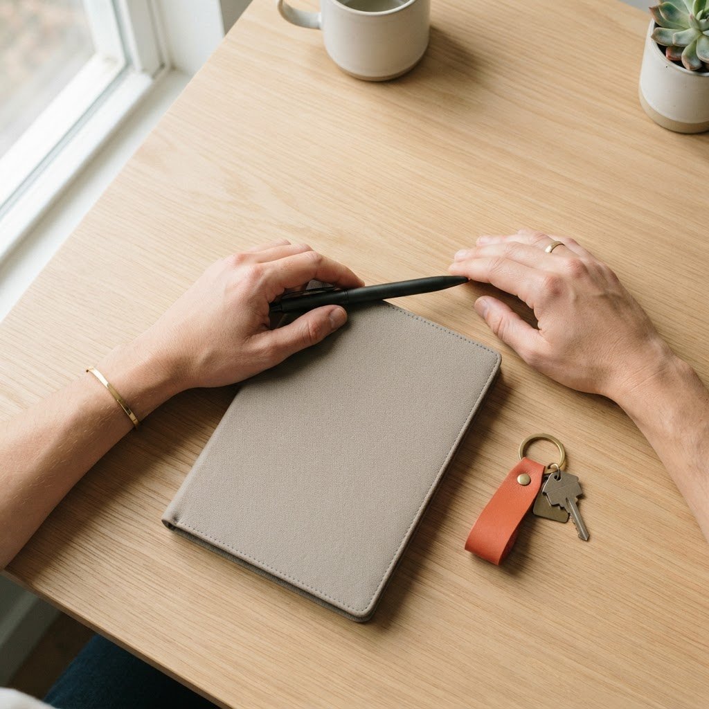 Close up of hands on a desk with a home key fob