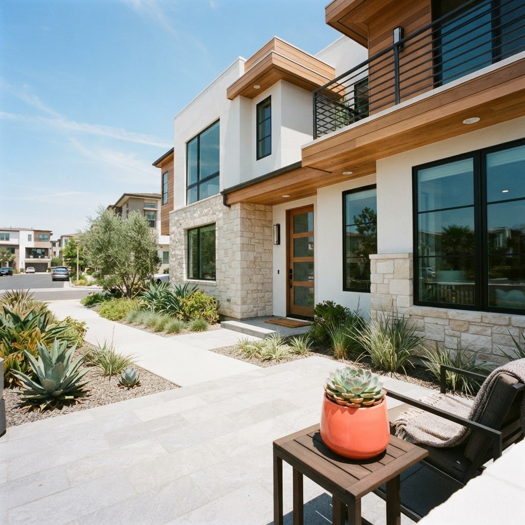 Modern townhome exterior architecture in a sunny suburb