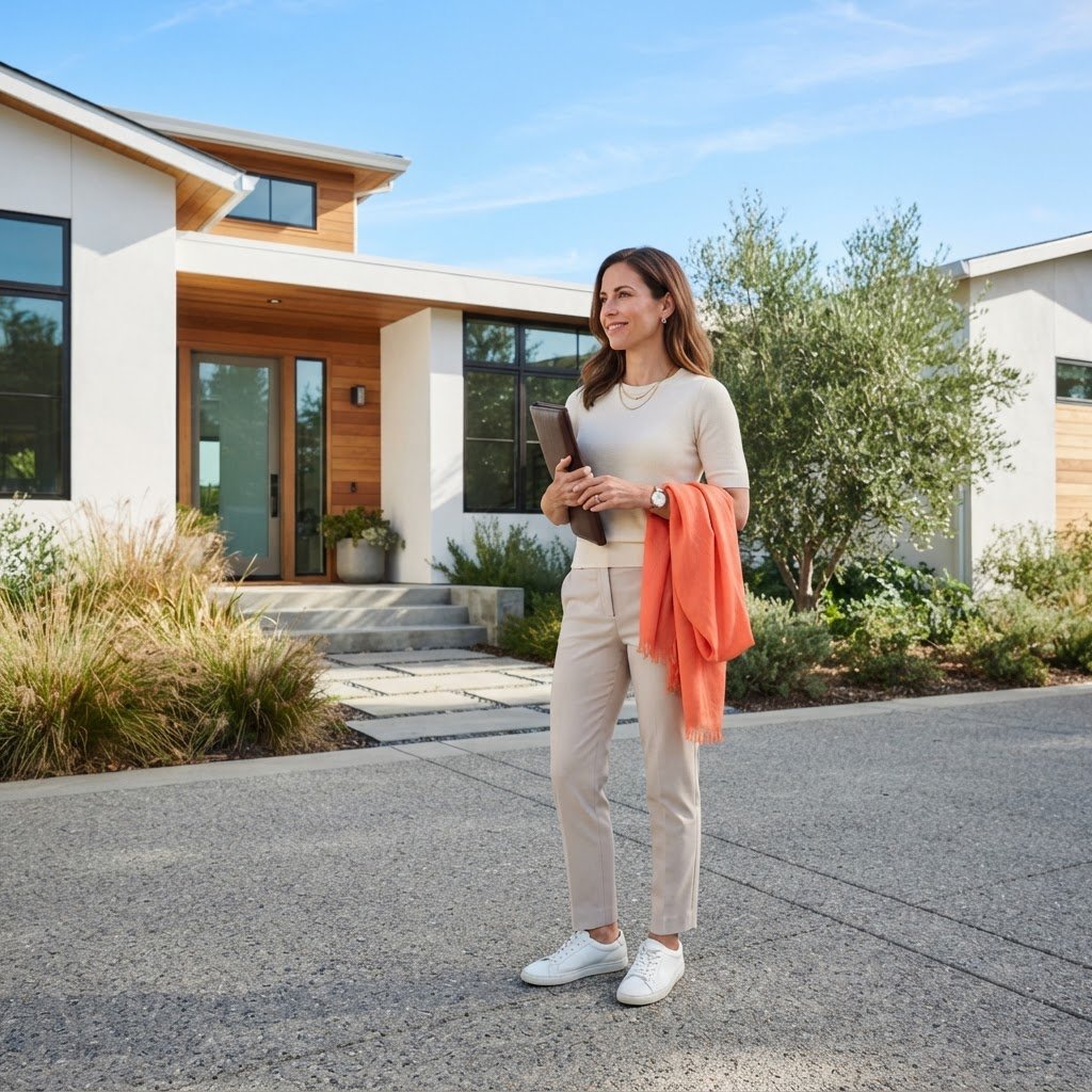 A confident buyer standing in front of a new home with documents
