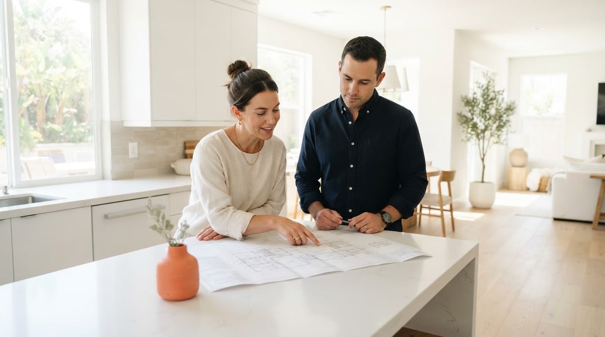 A couple calmly reviewing new home floor plans in a modern kitchen