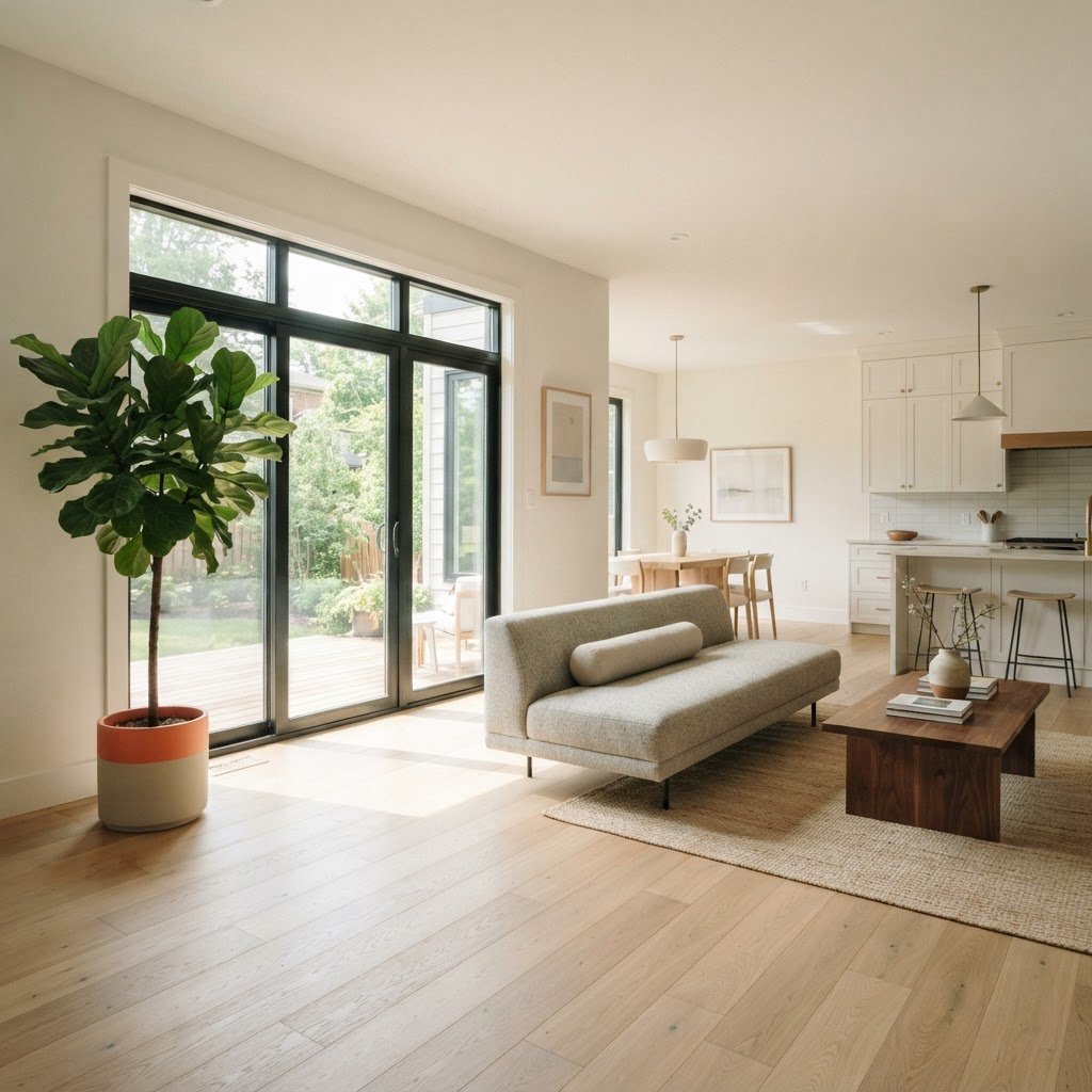 Sunlit interior of a modern new construction living room