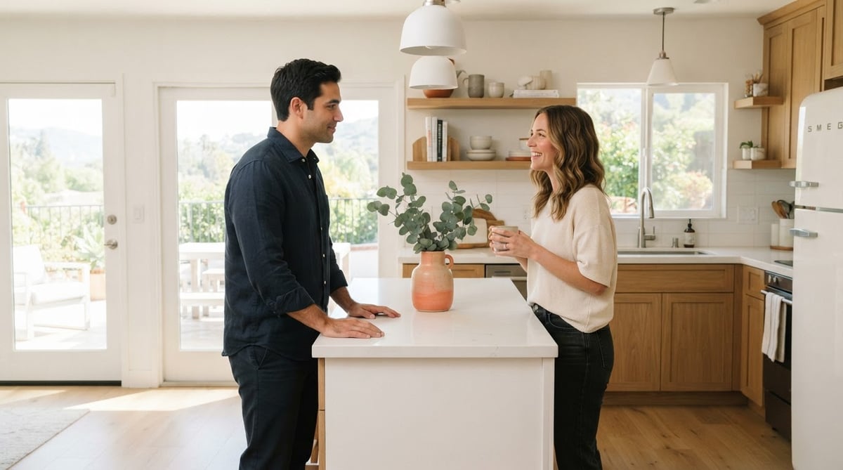 A couple discussing their home buying strategy in a modern kitchen