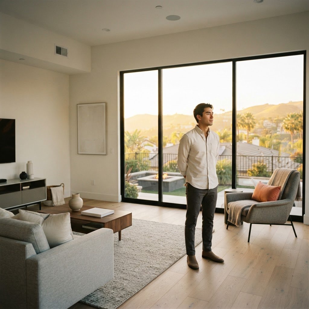 A man looking out a large window in a model home