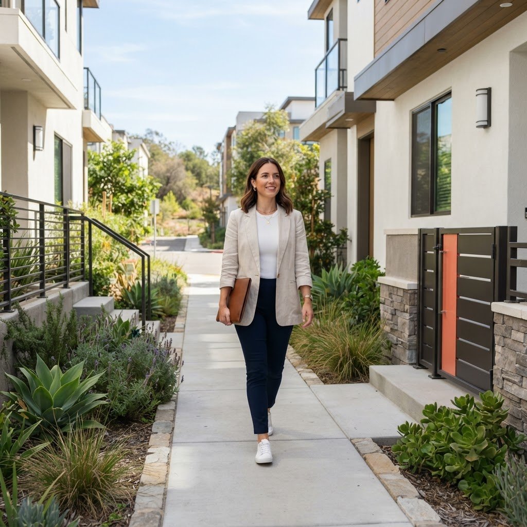 A woman walking confidently on a suburban path
