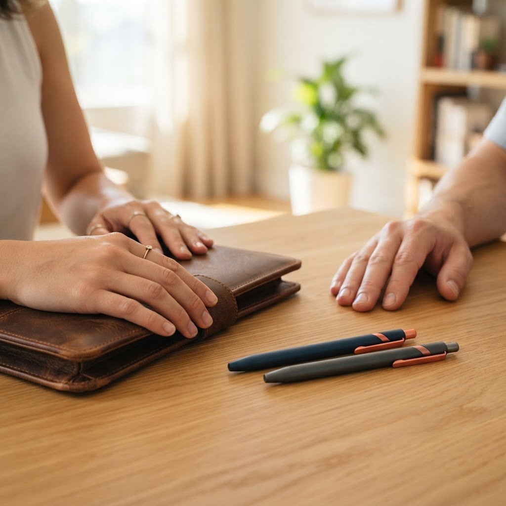Close up of hands and a portfolio on a table