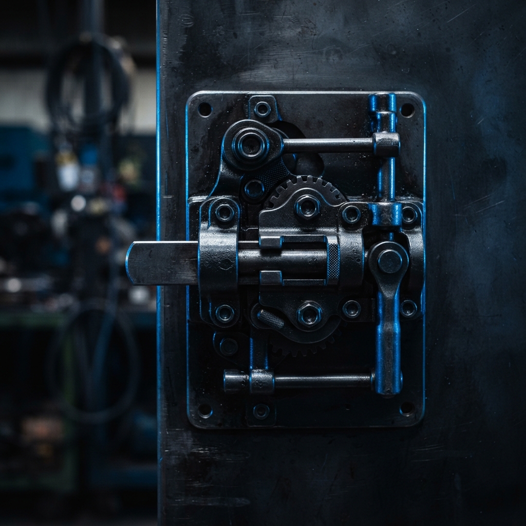 Professional metal mechanical locking mechanism in dark blue light