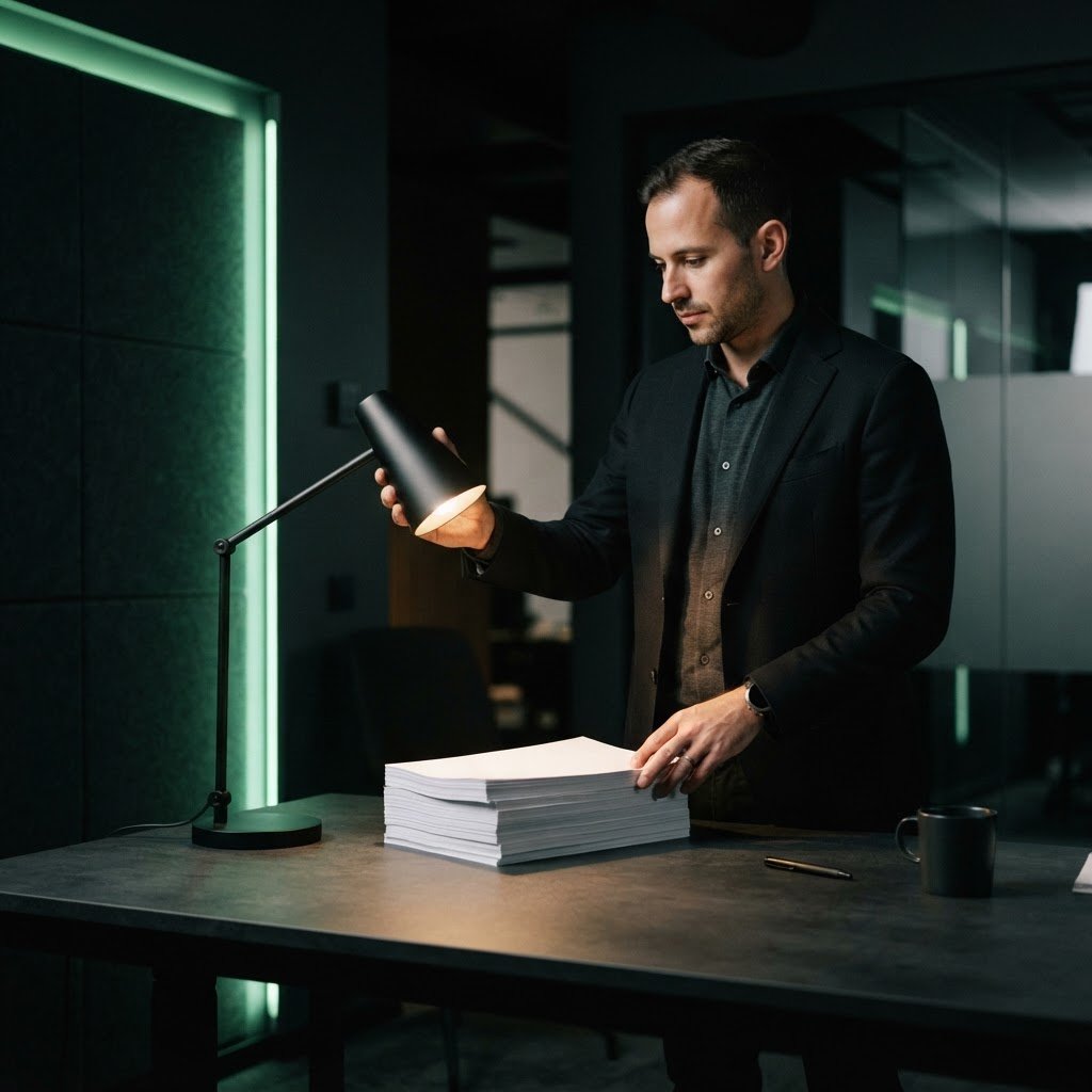 Founder adjusting a sleek lamp in a modern dark office