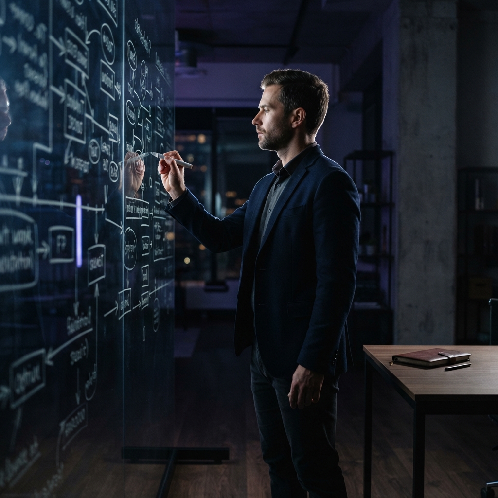 A startup founder mapping out strategy on glass