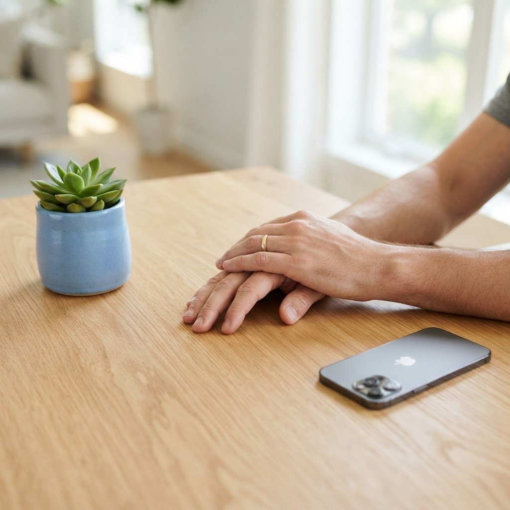 Clean lifestyle scene with a phone face down on a modern desk