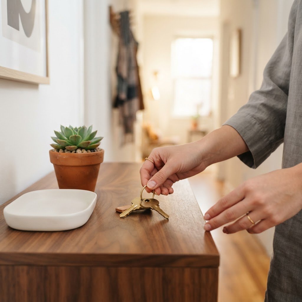 A person placing keys on a table in a bright apartment entryway