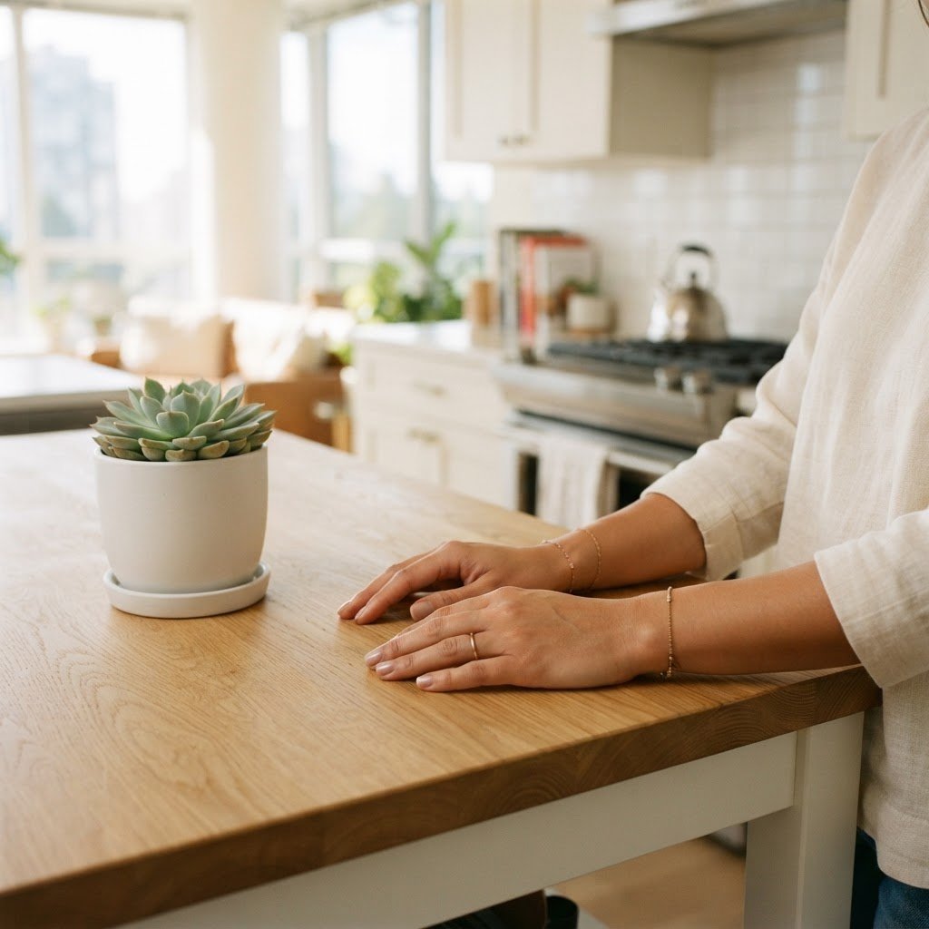Hands resting on a clean modern kitchen island with a small plant