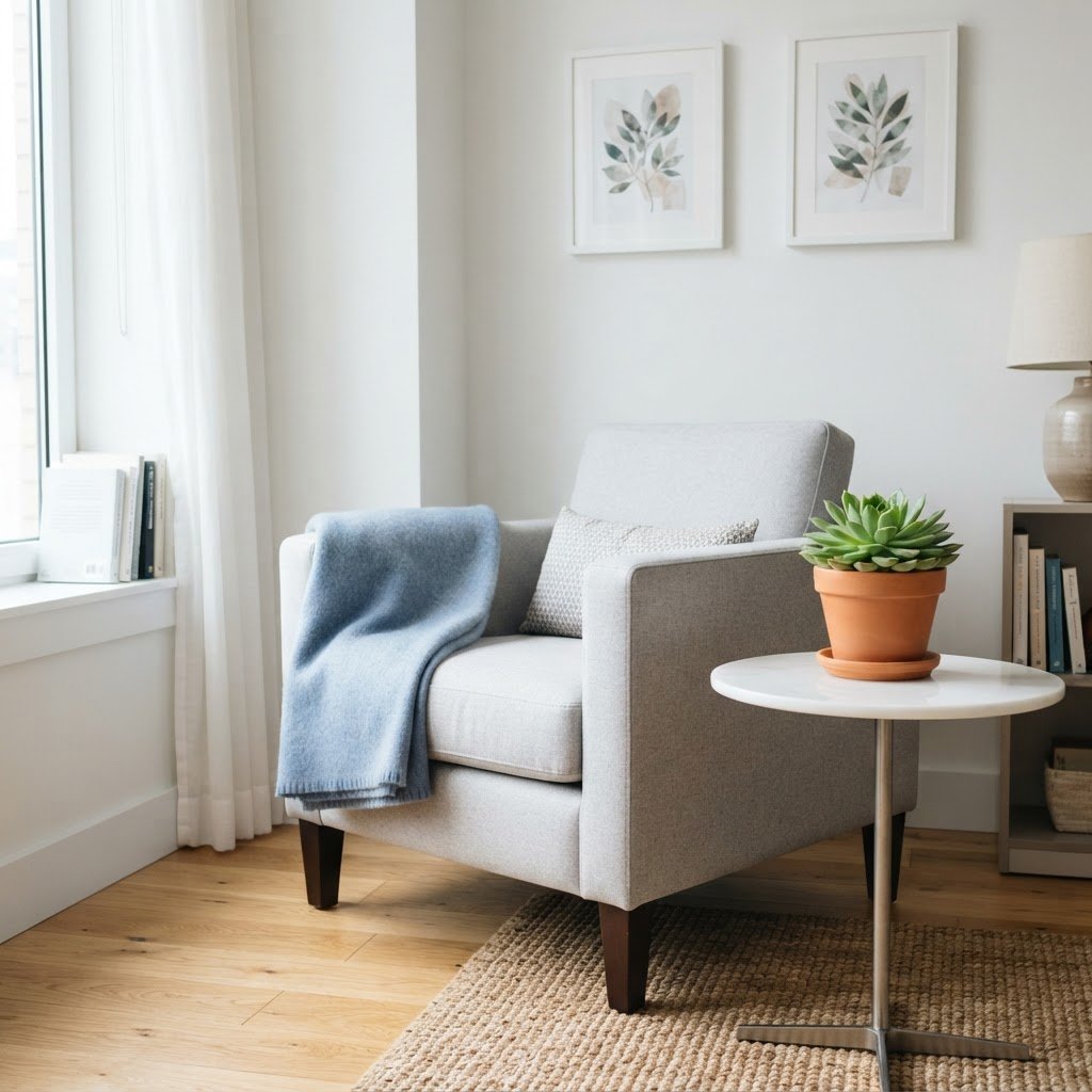 A comfortable and organized reading nook in a modern apartment