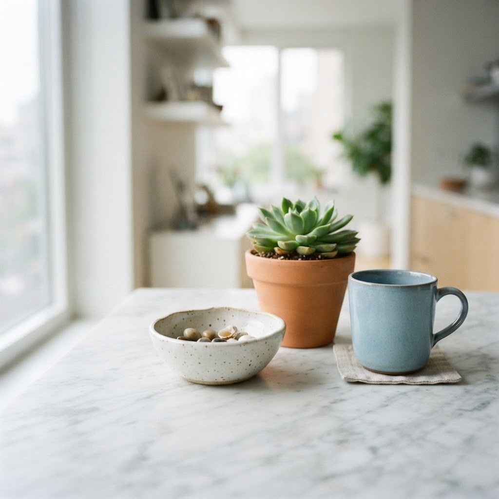 Close up of a minimalist apartment kitchen surface