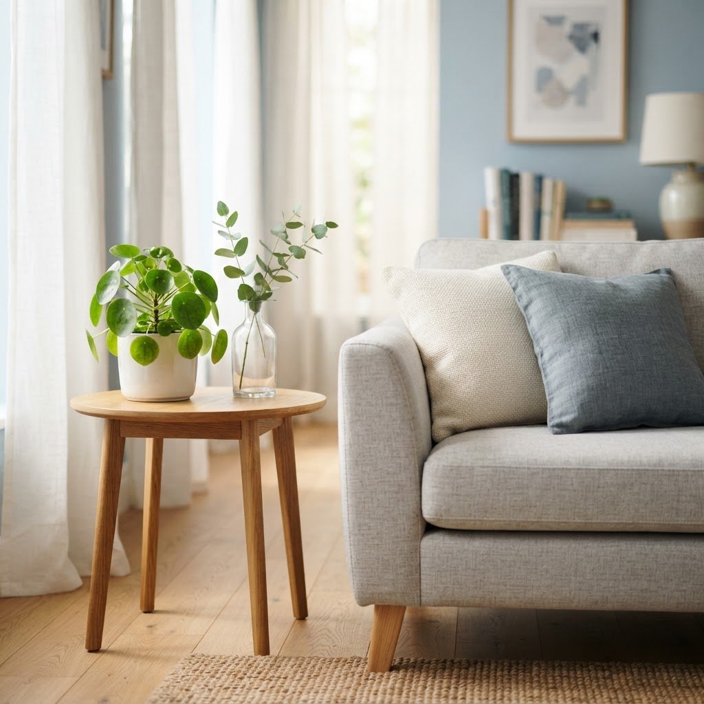 A peaceful and organized corner of a sunlit modern apartment