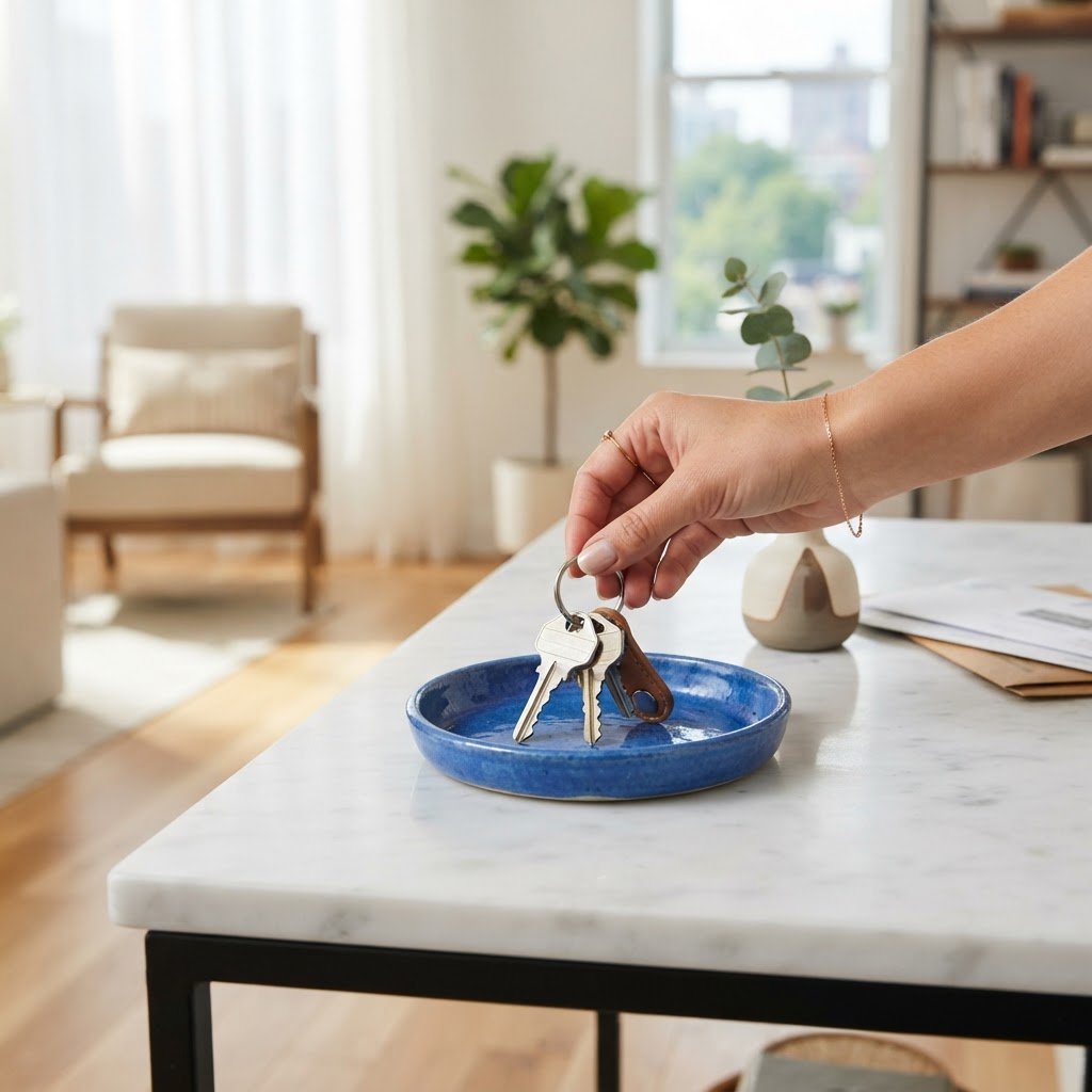 Hands placing keys on a minimalist entryway console