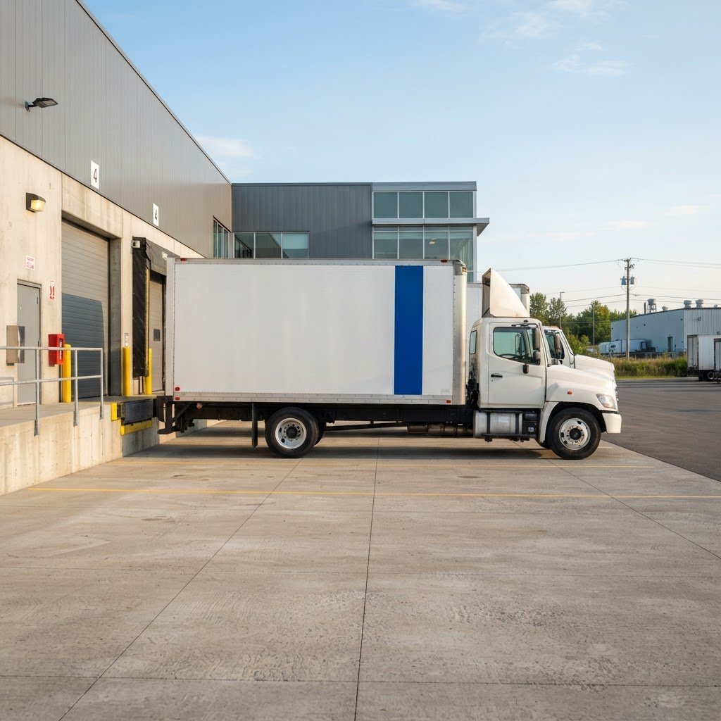 Freight truck parked at a professional loading bay