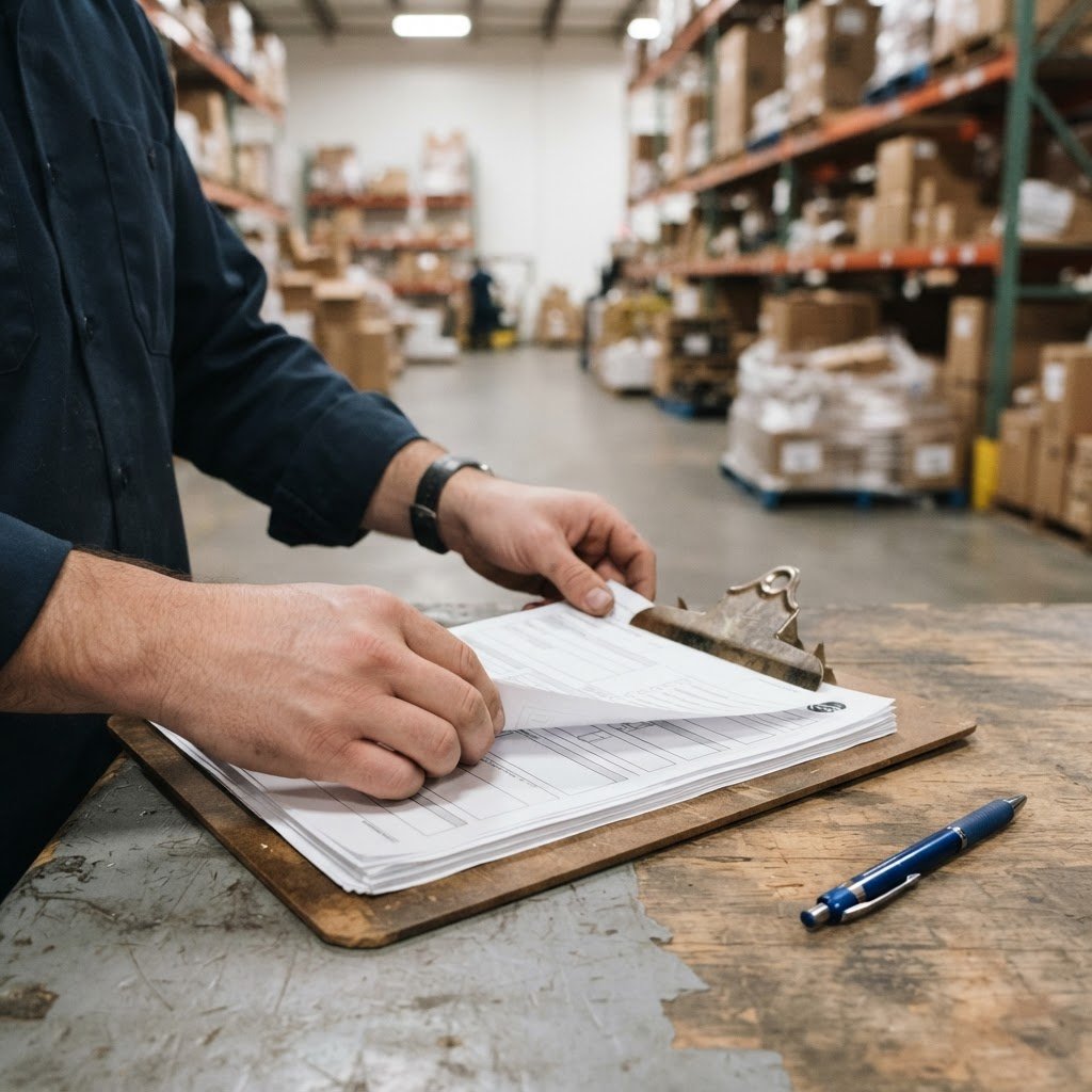 Hands organizing shipping documents on a warehouse clipboard