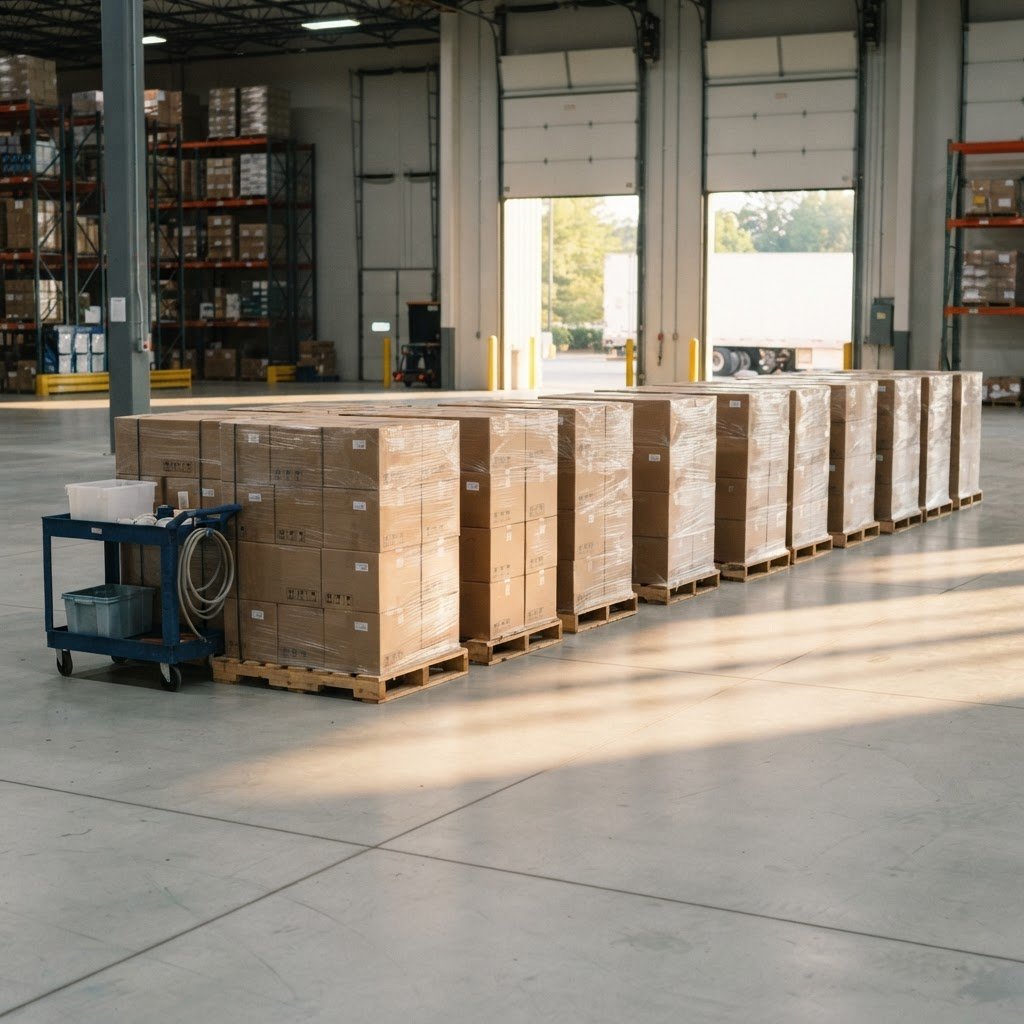 Orderly row of palletized shipments in a warehouse