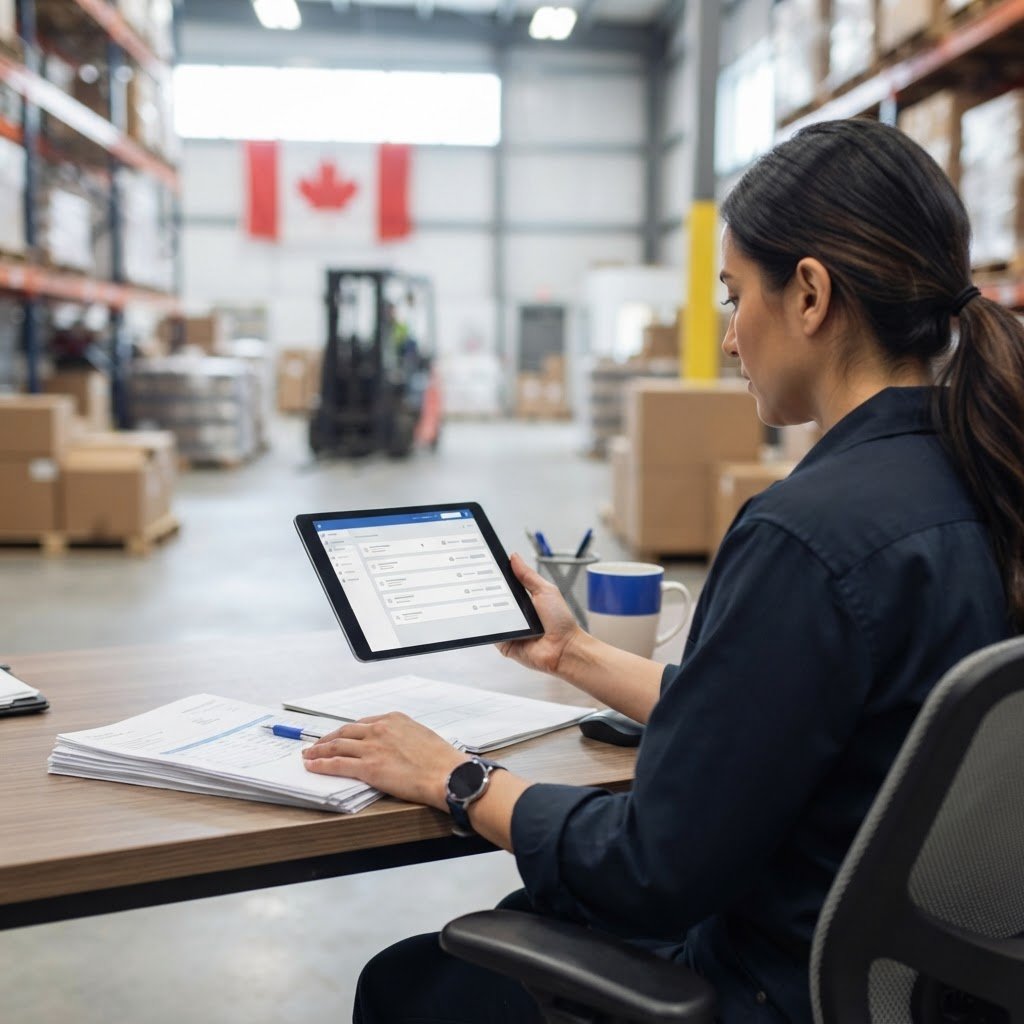 Logistics manager reviewing shipping dashboard on a tablet