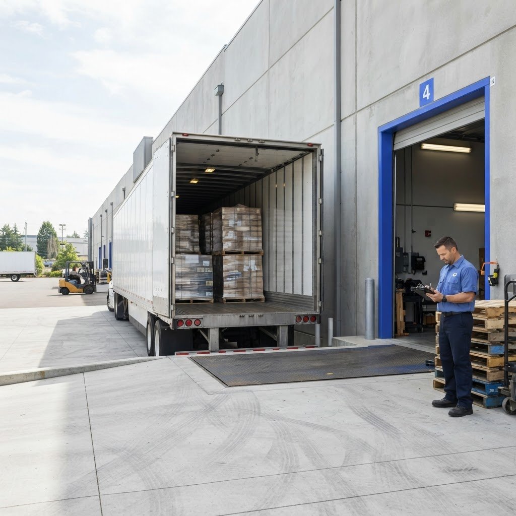 Warehouse loading dock with an open trailer ready for cargo