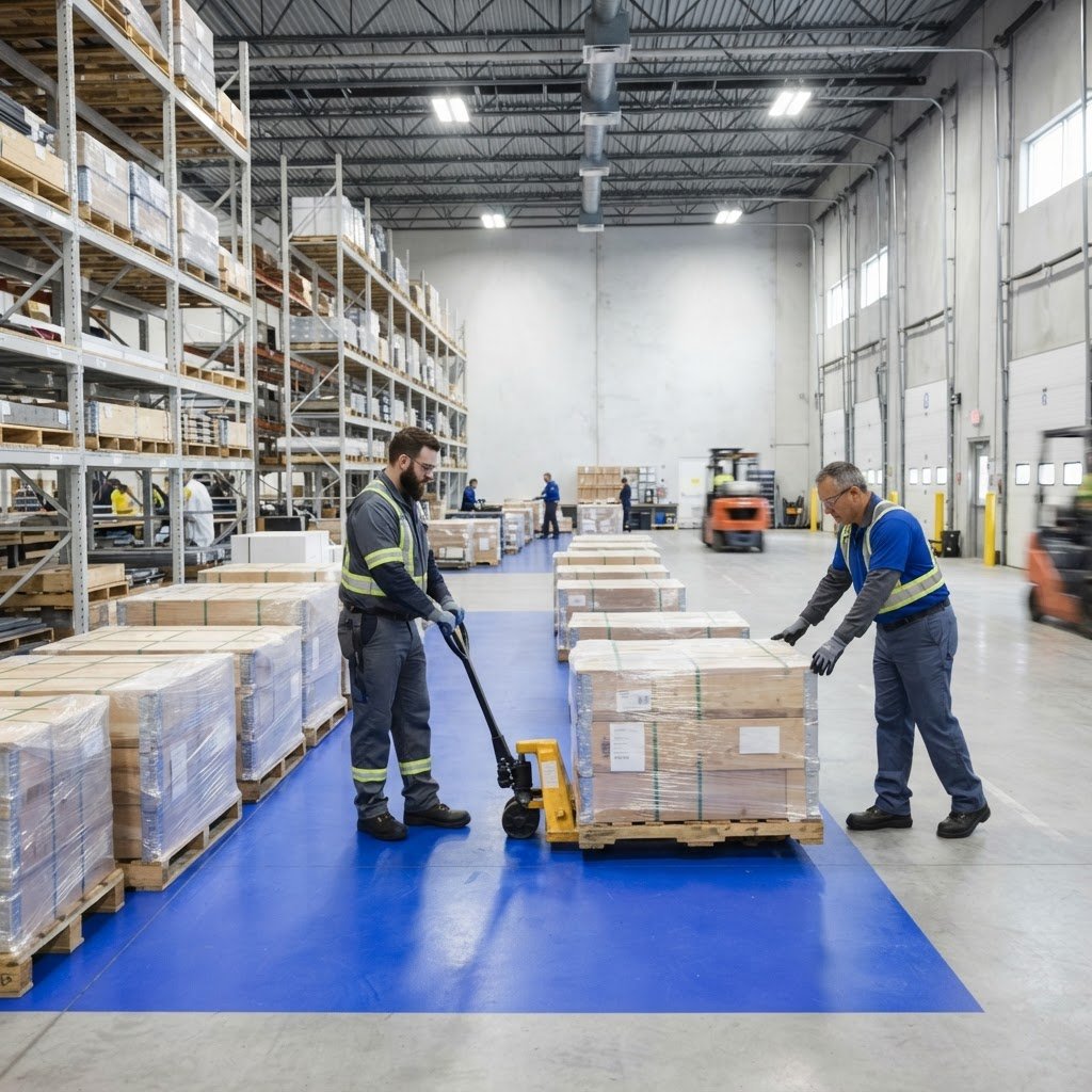 Organized warehouse floor with freight prepared for shipping