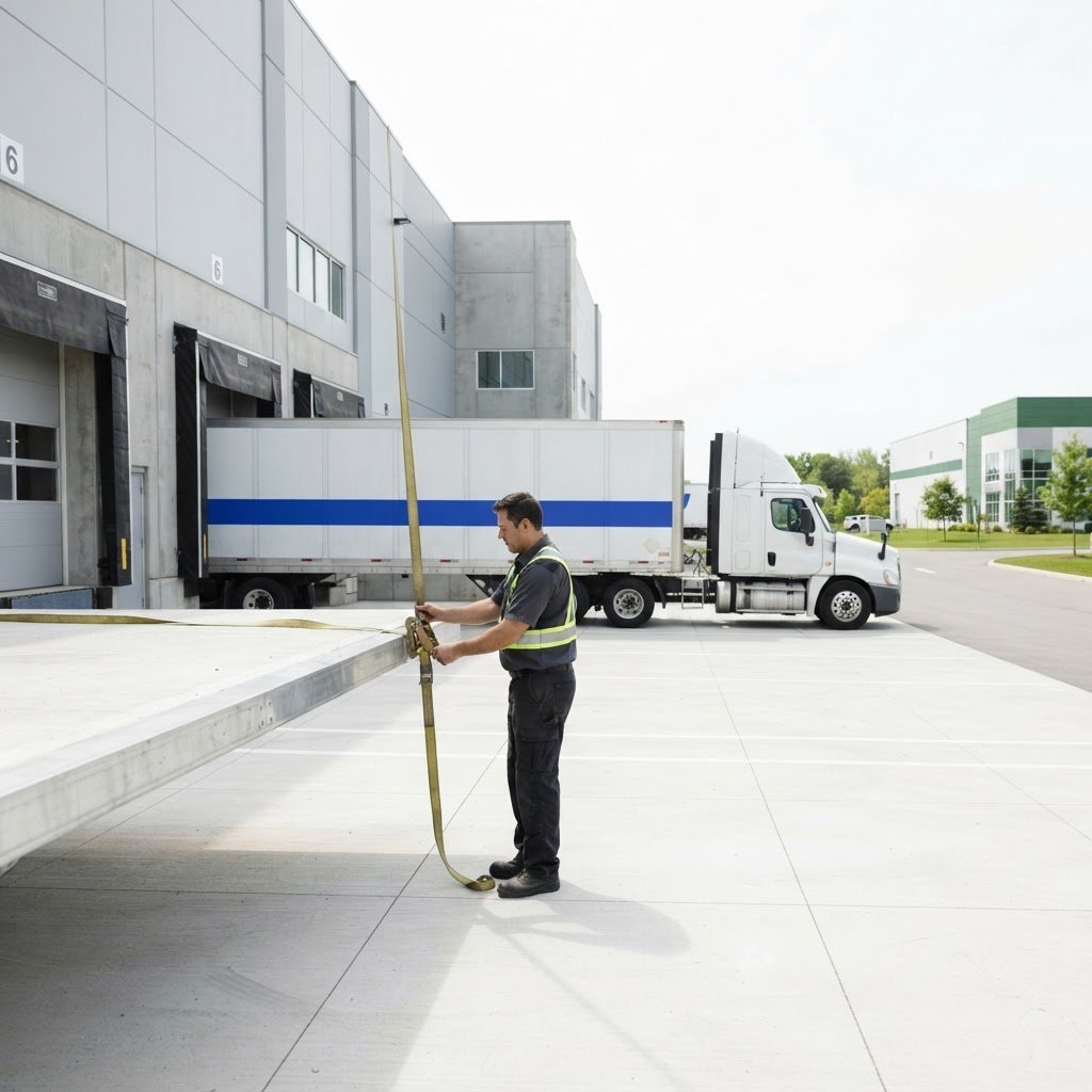 Driver securing freight for shipment at an industrial loading dock