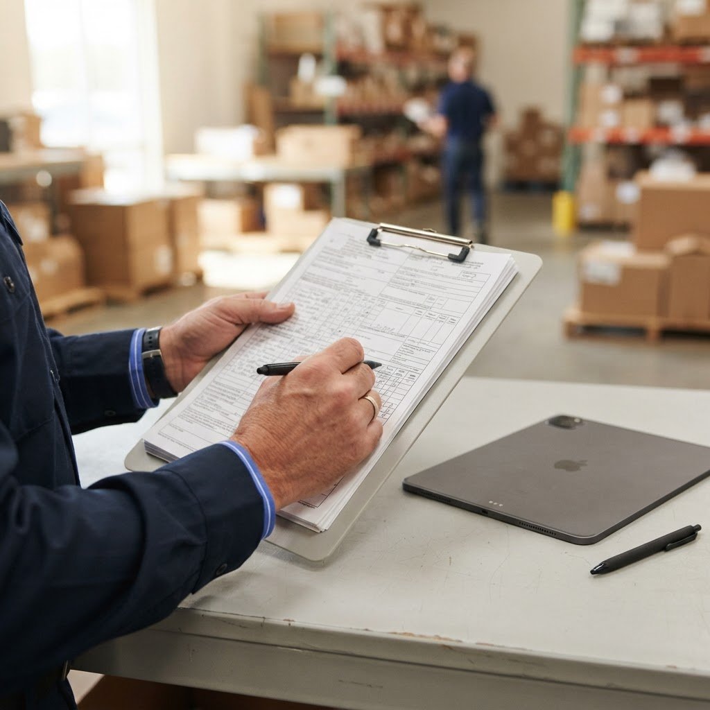 Manager reviewing shipping documentation in a warehouse office