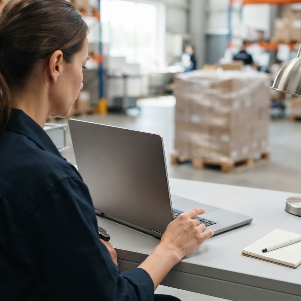Manager using a laptop at a shipping desk