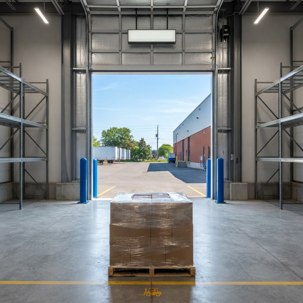 View of a warehouse loading bay with a single pallet