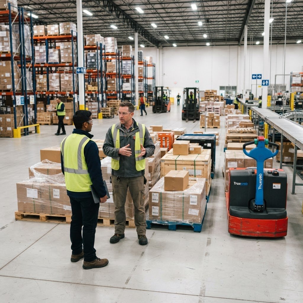 Workers coordinating a shipment in a modern warehouse