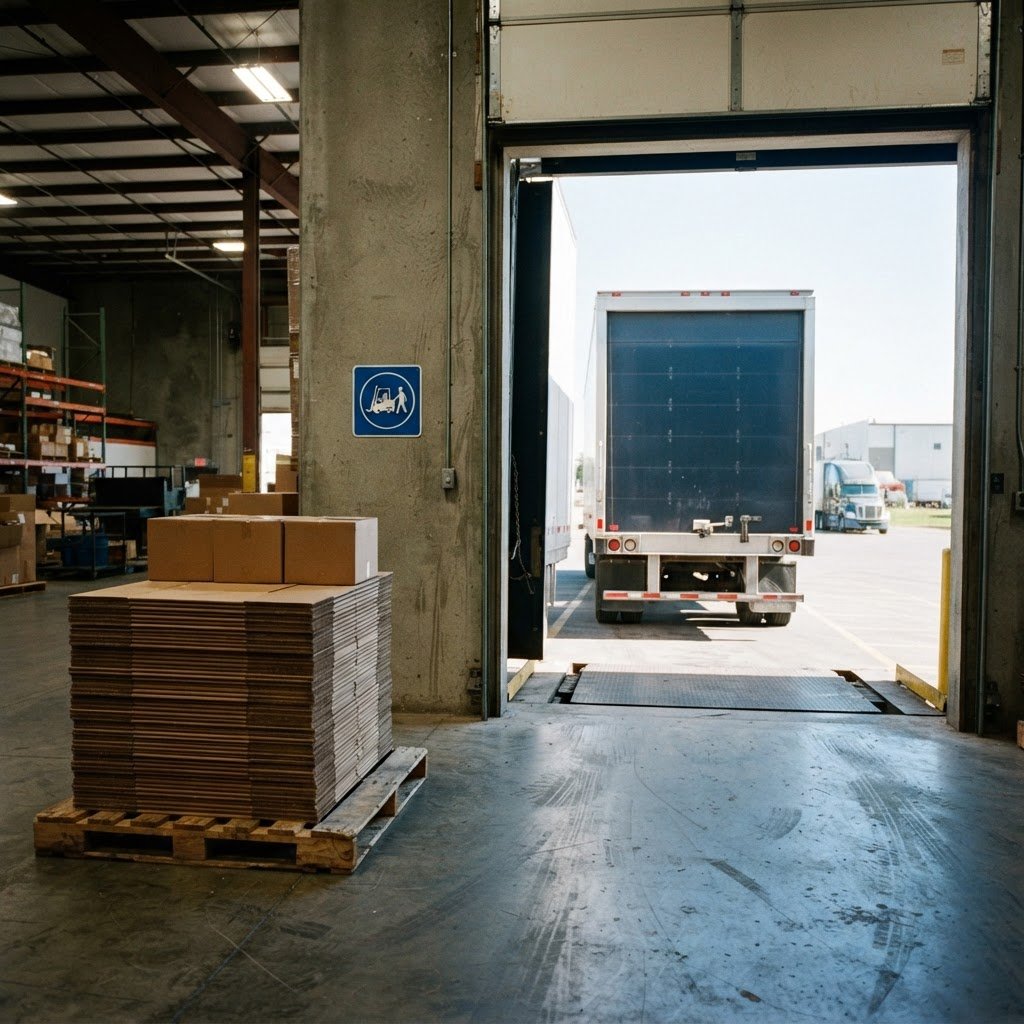 Truck backing into a clean warehouse bay for freight pickup