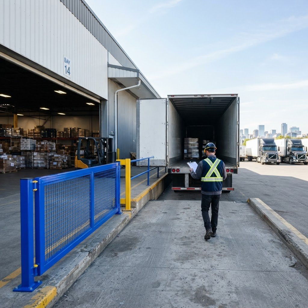 Logistics worker walking toward a loading bay in a modern warehouse