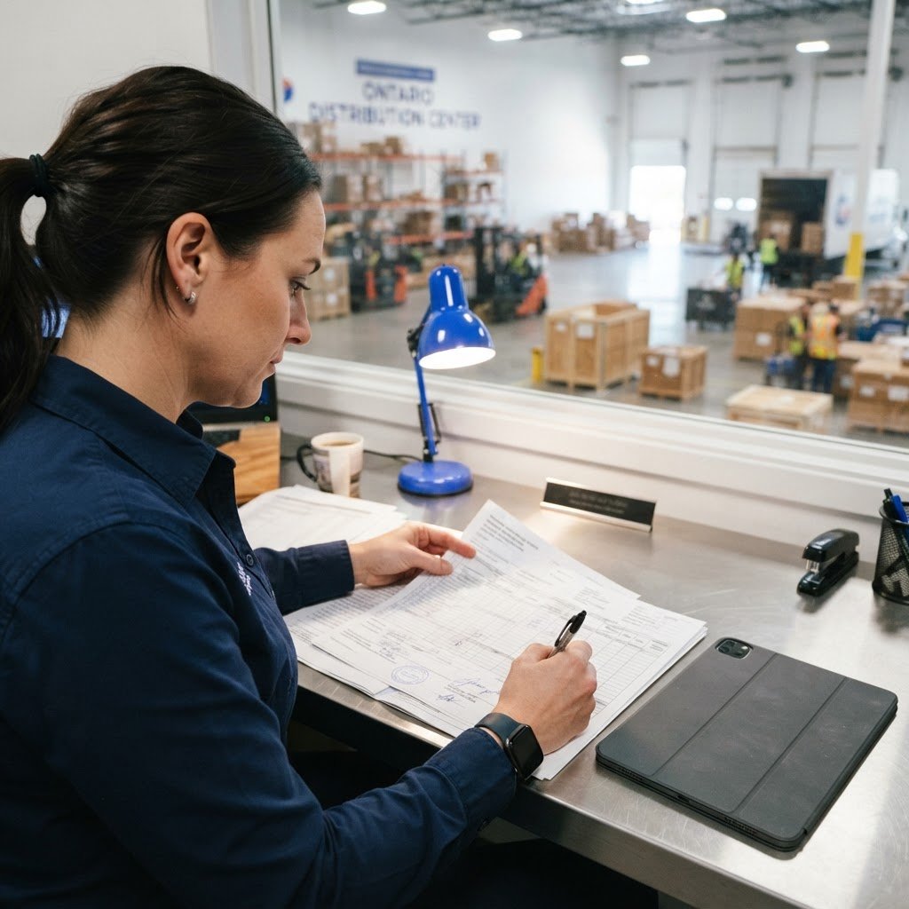 Professional manager reviewing shipping documentation at a clean warehouse desk