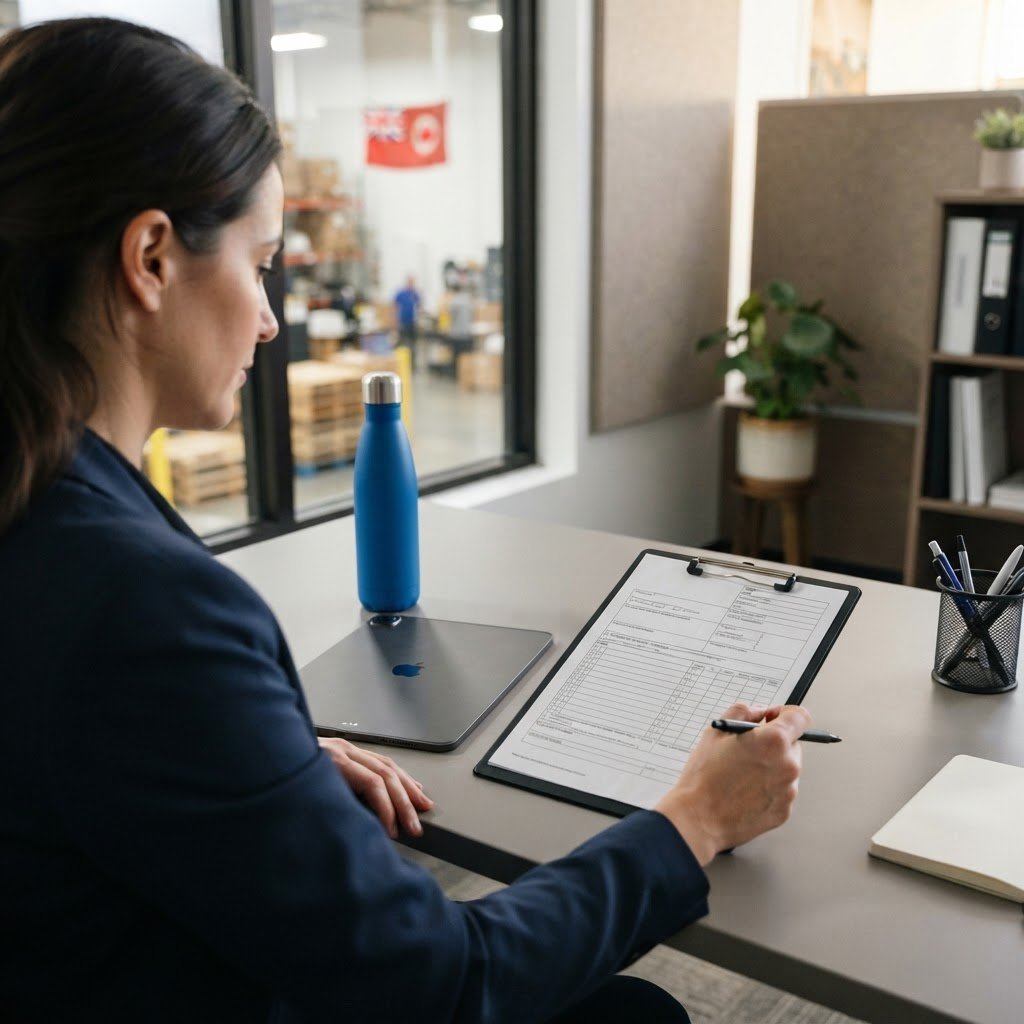 Logistics manager reviewing paperwork in a modern office