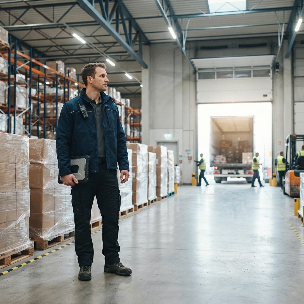 Supervisor overseeing organized freight in a clean warehouse