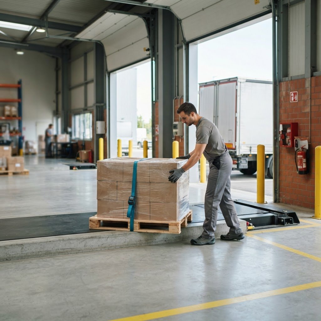 Warehouse worker preparing a single pallet for shipment