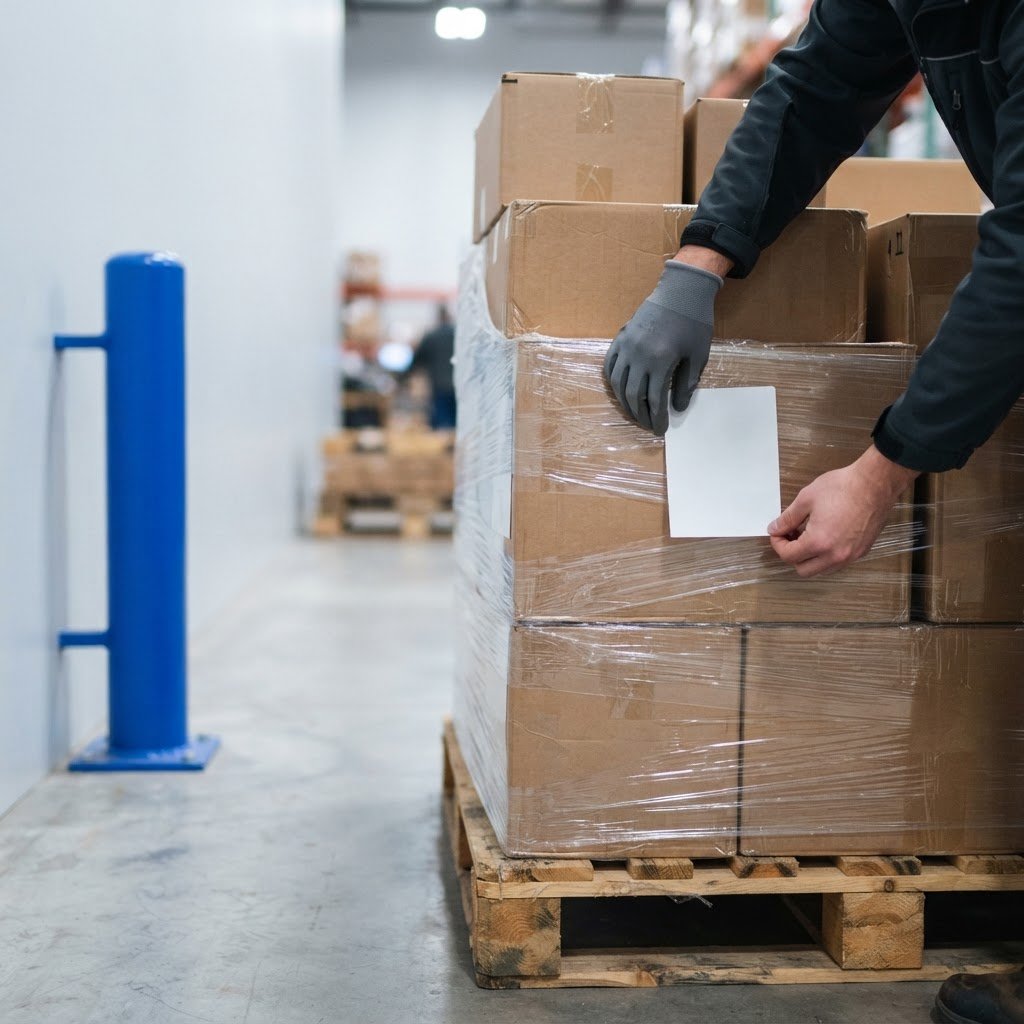 Close up of warehouse worker applying shipping label to a pallet