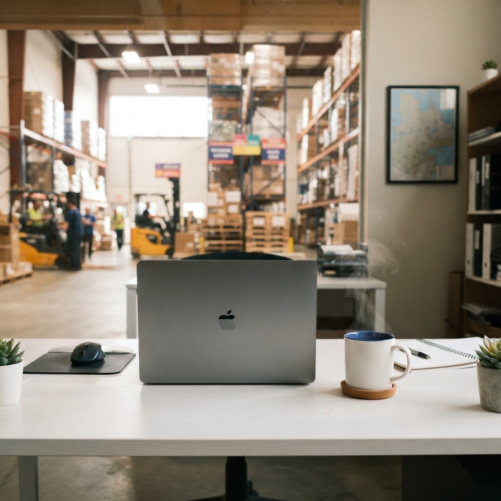 Laptop and coffee mug on a desk in a logistics warehouse