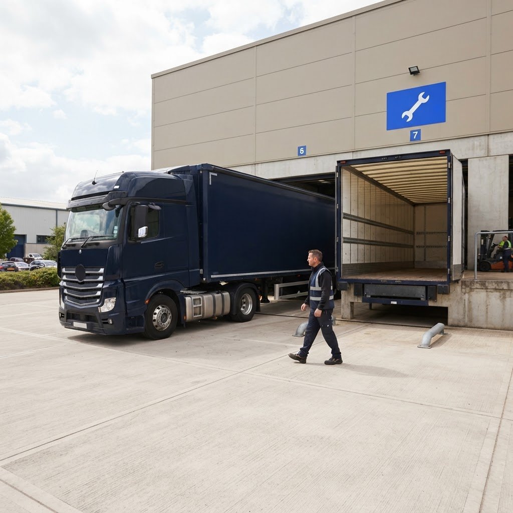 Transport truck backed into a loading bay in an industrial park
