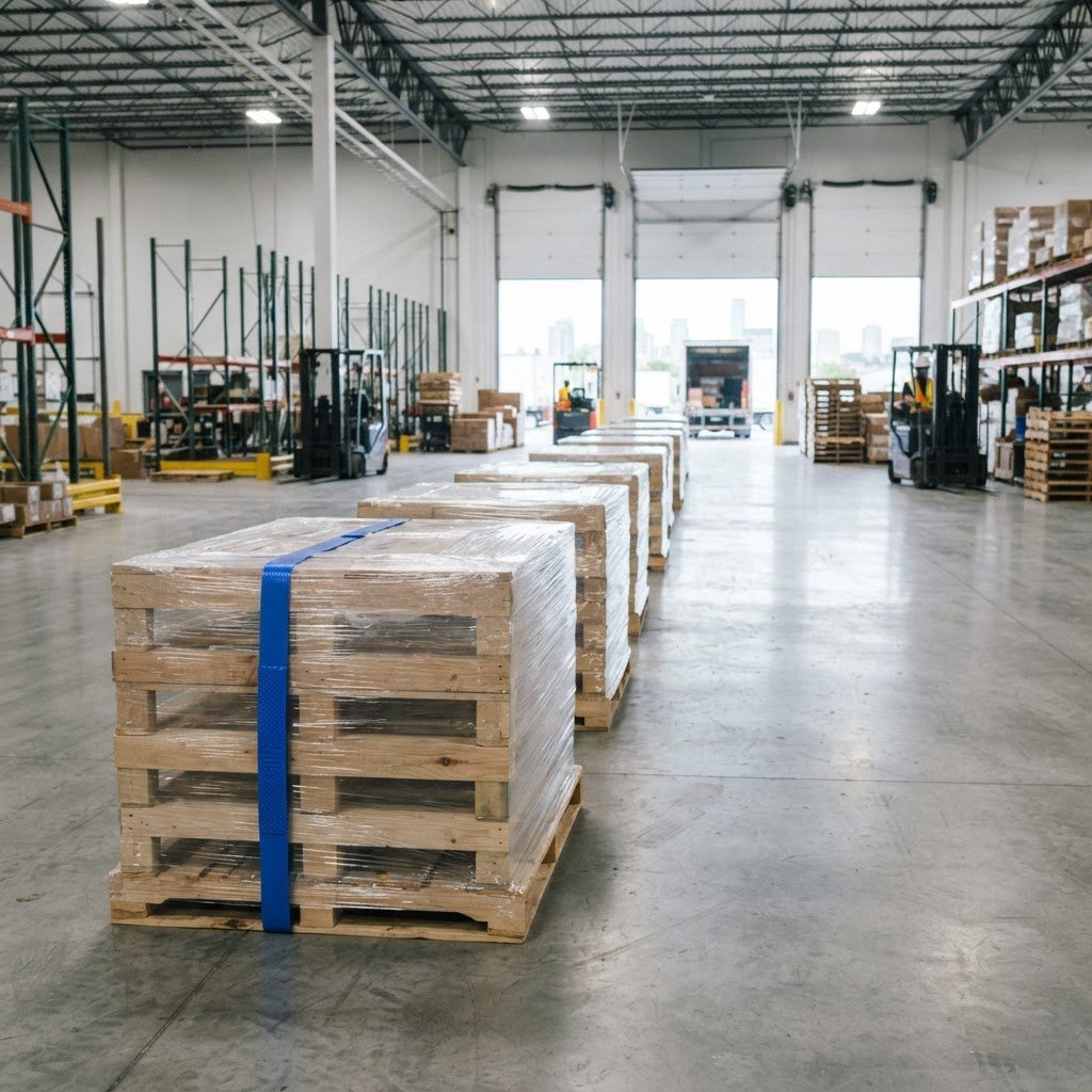 Organized shipping pallets waiting for transport in a warehouse